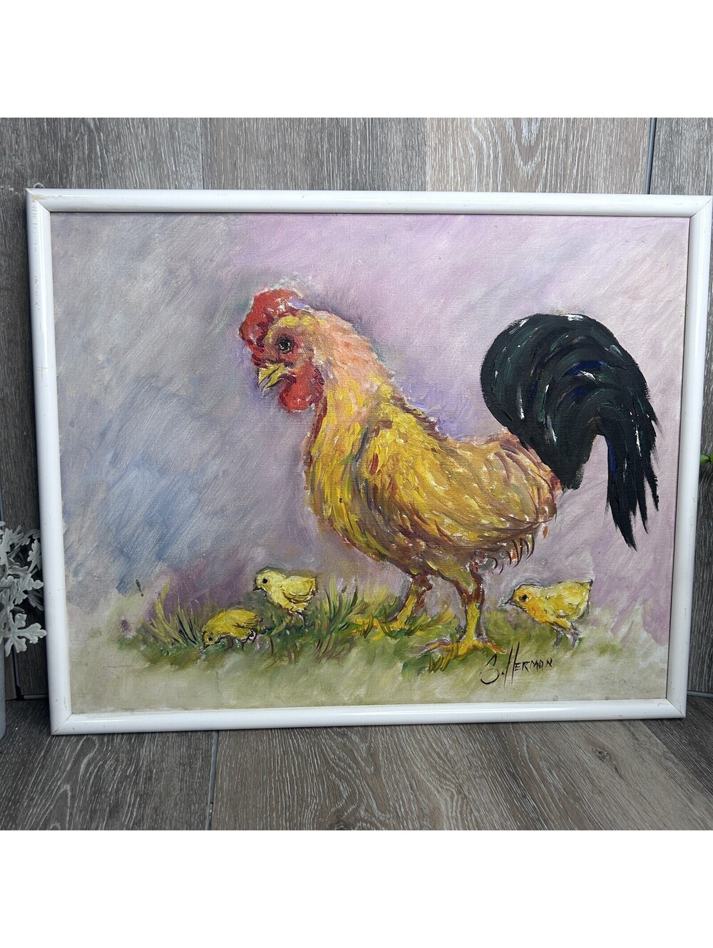 Signed Original Painting Rooster Bird Barnyard Farm Animal Sz 20”x17” Canvas